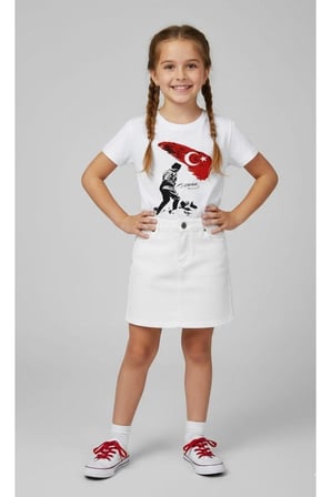 Kız Çocuk Kocatepe ATATÜRK Baskılı T-Shirt Ve Keten Etek Takım 23 NİSAN-Özel Bayramlar