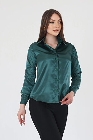Kadın Hafif Dökümlü Zümrüt Yeşil Saten Gömlek
