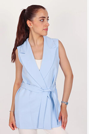 Kadın Bebe Mavi Kolsuz Kuşaklı Yelek