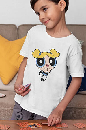 Bubbles Baskılı Unisex Power Puff Çizgi Film Çocuk Tişört (1-12 YAŞ)