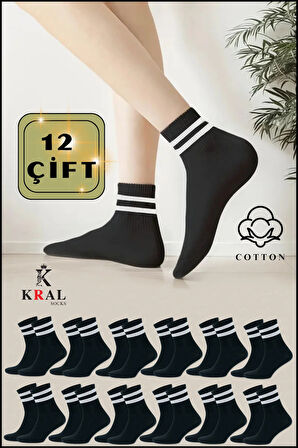 Erkek Kadın (12 ÇİFT) Çizgili Kolej Tenis Çorabı Pamuklu Terletmez Çorap