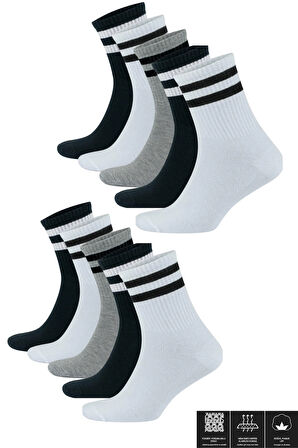 Kadın Erkek Düz Çizgili (10 ÇİFT) Çeyrek Soket Tenis Model Pamuklu Terletmez Çorap Seti