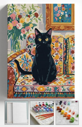 Sayılarla Boyama Seti Numaralı Tuval Fırça Boya Askı Aparatı Dahil Set 40x50 Cm - KOLTUK VE KEDİ