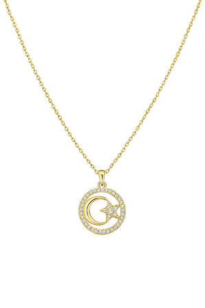 Altın Sarısı Zirkon Taşlı Ay-Yıldız Kolye