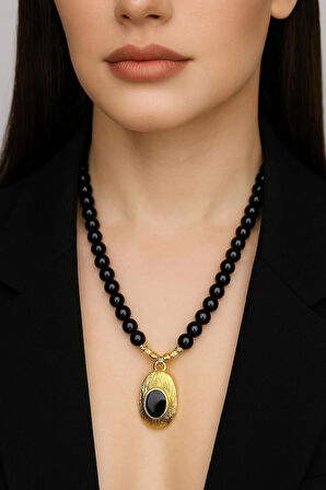  Siyah İnci Detaylı Oniks Taşlı Altın Kaplama 