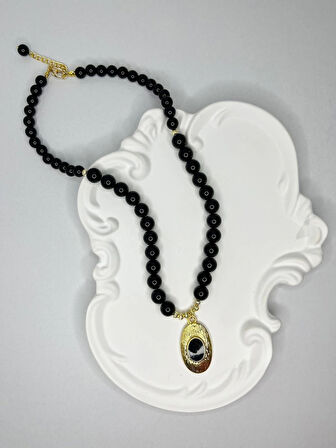  Siyah İnci Detaylı Oniks Taşlı Altın Kaplama 