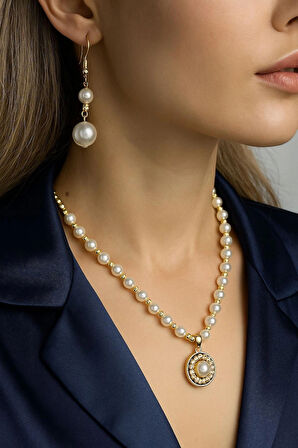 Gold Aparatlı İnci Kolye ve Küpe Seti