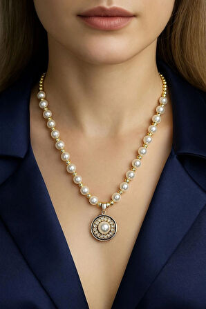 Gold Aparatlı İnci Kolye ve Küpe Seti