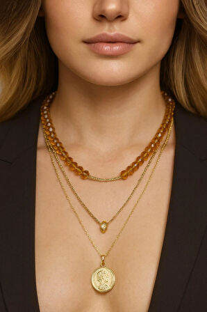 Kristal Taşlı Altın Kaplama Üçlü Kolye