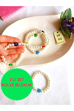 2Lİ SET İNCİ KOLYE NAZAR BONCUKLU(CAM) VE BİLEKLİK KREM İNCİLİ BONCUK MİSİNA İPLİ ESNEK HEDİYE