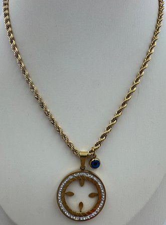 Solaris Çeyrek Altın Kristal ve Zirkon Taş Detaylı Nazar Gold Çelik Kadın Kolye – Taşlı Güneş Madalyon