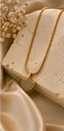Parla Amore - Işıltılı Kalp Tasarımı Gold Paslanmaz Çelik Zarif Kadın Kolye