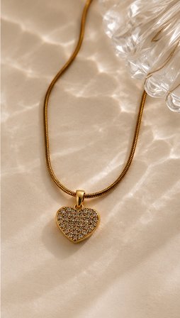 Parla Amore - Işıltılı Kalp Tasarımı Gold Paslanmaz Çelik Zarif Kadın Kolye