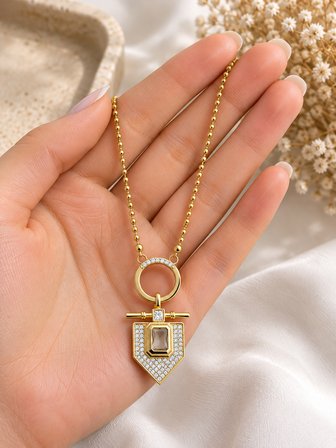 Kadın Gold Geometrik Madalyon Zirkon Taşlı Paslanmaz Çelik Kolye