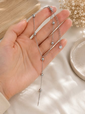 Kadın Minimal Top Detaylı Y Kolye Gümüş Renk Paslanmaz Çelik
