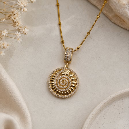 Kadın Gold Spiral Güneş Madalyon Zirkon Taşlı Paslanmaz Çelik Kolye