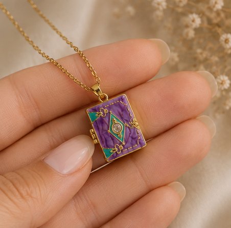 Mystic Book Paslanmaz Çelik Kolye, Sihirli Kitap Paslanmaz Çelik Kolye, Mor Mistik Kitap Gold Paslanmaz Çelik Kolye