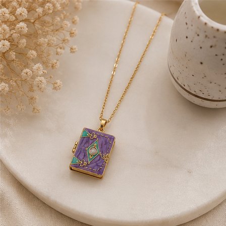 Mystic Book Paslanmaz Çelik Kolye, Sihirli Kitap Paslanmaz Çelik Kolye, Mor Mistik Kitap Gold Paslanmaz Çelik Kolye