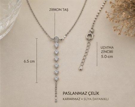 Zirkon Taşlı Sallantılı Y Kolye – Gümüş Renk Paslanmaz Çelik Şık  Kolye
