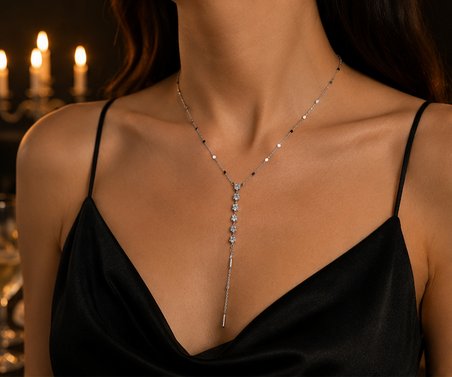 Zirkon Taşlı Sallantılı Y Model Gümüş Renk Paslanmaz Çelik  Kolye