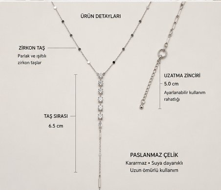 Zirkon Taşlı Sallantılı Y Model Gümüş Renk Paslanmaz Çelik  Kolye