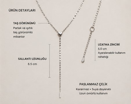 Kalp Detaylı Sallantılı Y Model Gümüş Renk Paslanmaz Çelik Kolyesi