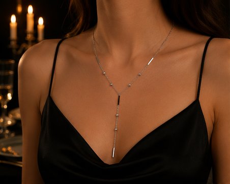 Kadın Gümüş Renk Paslanmaz Çelik Y Model Çubuk Detaylı Sallantılı  Kolyesi