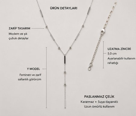 Kadın Gümüş Renk Paslanmaz Çelik Y Model Çubuk Detaylı Sallantılı  Kolyesi