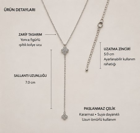 Kadın Gümüş Renk Paslanmaz Çelik Taşlı Yonca Detaylı Y Model Sallantılı Kolyesi