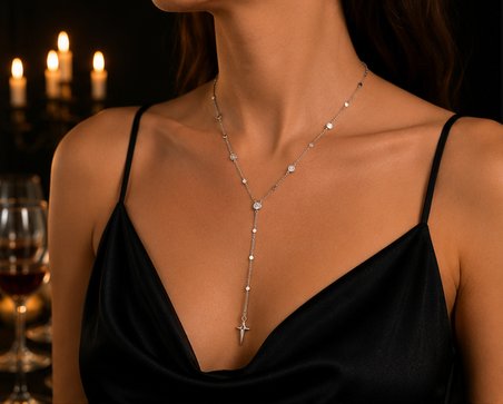 Paslanmaz Çelik Zirkon Taşlı Y Model Sallantılı Kutup Yıldızı Uçlu Gümüş Renk Kolye