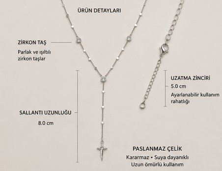Paslanmaz Çelik Zirkon Taşlı Y Model Sallantılı Kutup Yıldızı Uçlu Gümüş Renk Kolye
