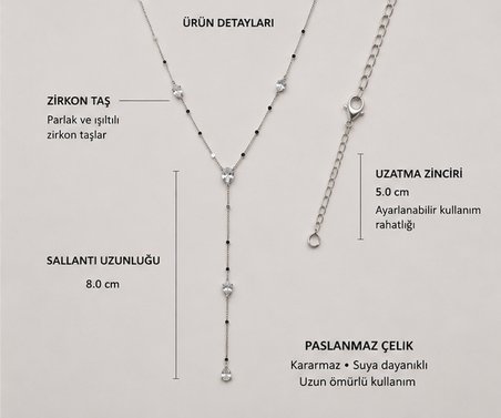 Paslanmaz Çelik Zirkon Taşlı Kalp Detaylı Sallantılı Y Kolye – Gümüş Renk