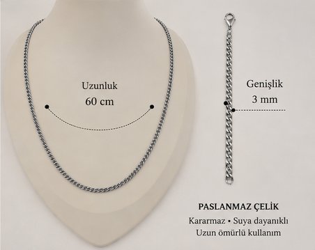Erkek Paslanmaz Çelik Gurmet Set Zincir Kolye + Bileklik – Gümüş Renk