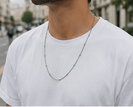 Erkek Minimal Boncuk Detaylı Gümüş Renk Paslanmaz Çelik Kolye