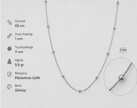 Erkek Minimal Boncuk Detaylı Gümüş Renk Paslanmaz Çelik Kolye