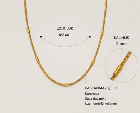 Erkek Gold Milano Silindir Detaylı Paslanmaz Çelik Kolye