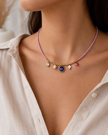 Pink Aura Pembe Boncuklu Nazar İnci ve Charm Detaylı Kadın Kolye