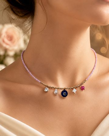 Pink Aura Pembe Boncuklu Nazar İnci ve Charm Detaylı Kadın Kolye