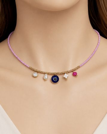 Pink Aura Pembe Boncuklu Nazar İnci ve Charm Detaylı Kadın Kolye