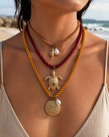 3 lü Set - Ege Rüyası - Deniz Kaplumbağası, İnci ve Deniz Kabuğu Detaylı Renkli Halat Kolye