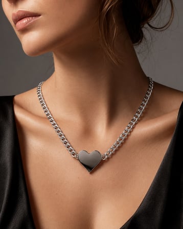 Silver Heart Kalp Kalın Zincir Gösterişli Paslanmaz Çelik Kadın Kolye