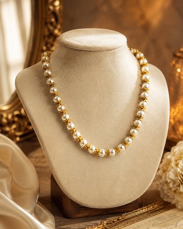 Altın Zarafet – İri İnci Taneli ve Gold Çiçek Detaylı Şık Kolye