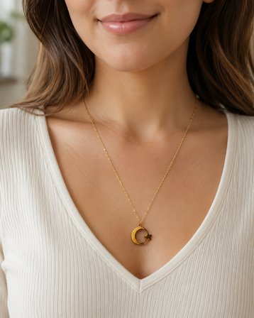 Luna Hilal Gold Ay Yıldız Kolye – Paslanmaz Çelik İnce Zincir Kadın Günlük ve Gece Kolyesi