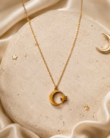 Luna Hilal Gold Ay Yıldız Kolye – Paslanmaz Çelik İnce Zincir Kadın Günlük ve Gece Kolyesi