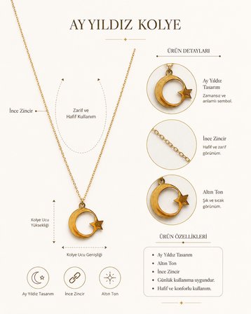 Luna Hilal Gold Ay Yıldız Kolye – Paslanmaz Çelik İnce Zincir Kadın Günlük ve Gece Kolyesi