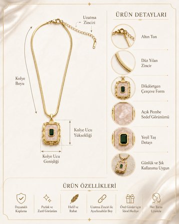 Emerald Sedef Yeşil Taşlı Gold Dikdörtgen Kolye – Yılan Zincir Sedef Görünümlü Kadın Kolye