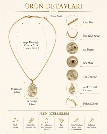 Celeste Işık Ay Göz Detaylı Gold Kolye – Sedef Görünümlü Taşlı İnce Yılan Zincir Kadın Kolye
