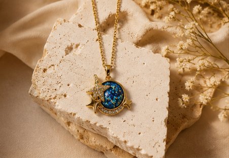Ocean Yıldız Kadın Gold Renk Mavi Taşlı Ay Yıldız Kolye – Zarif Gökyüzü Temalı Kolye 316L Paslanmaz Çelik | Premium Kalite, Üstün Dayanıklılık