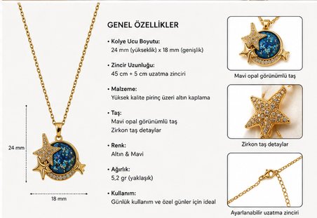 Ocean Yıldız Kadın Gold Renk Mavi Taşlı Ay Yıldız Kolye – Zarif Gökyüzü Temalı Kolye 316L Paslanmaz Çelik | Premium Kalite, Üstün Dayanıklılık