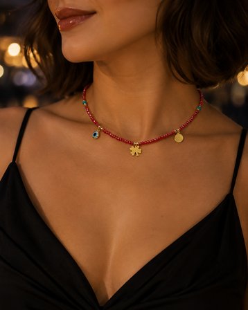 Ruby Yonca Kırmızı Boncuklu Nazar Boncuklu Yonca Charm Kısa Kadın Kolye Choker